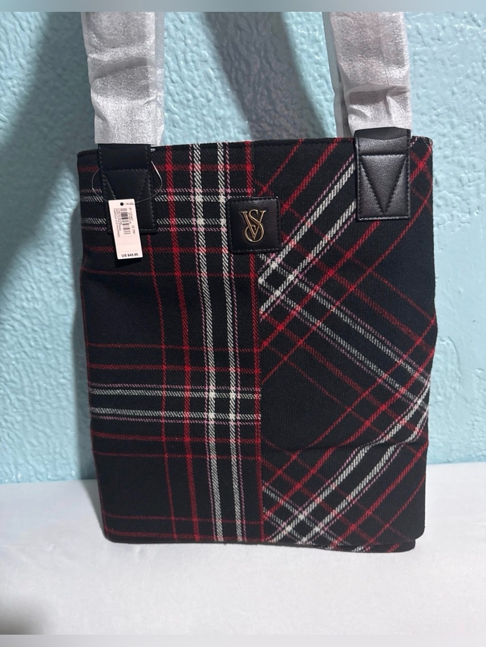Victoria's Secret Black Plaid Messenger Bag with Red and White Accents